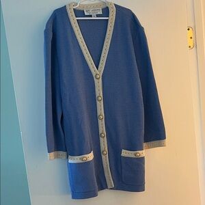 St. John Collection by Marie Gray Blue Knit Cardigan with Cream Accents